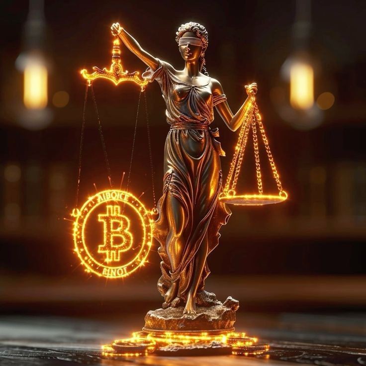 a statue of a woman holding scales and a bitcoin sign